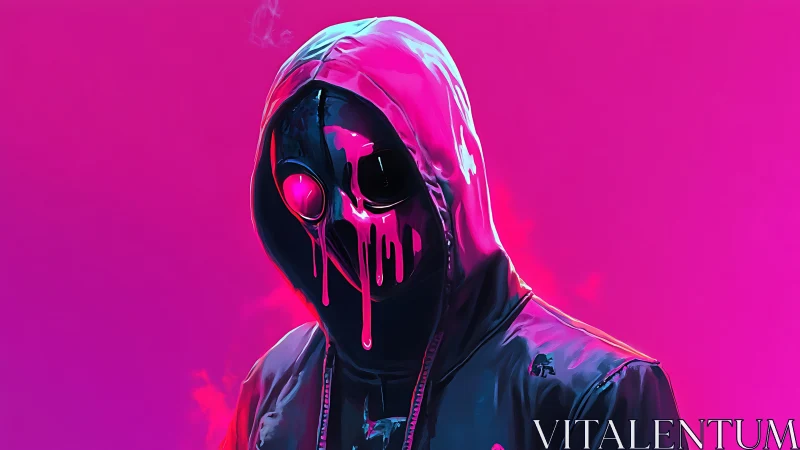 Neon magenta hooded figure with melting chrome mask in profile
