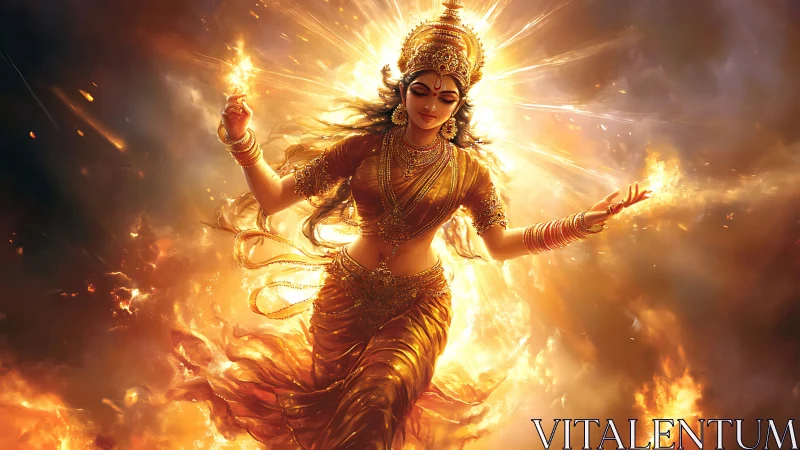Radiant golden goddess dancing through flames in ethereal light.