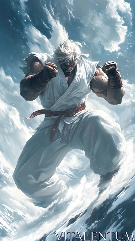 Martial artist in white gi suspended above turbulent sea.