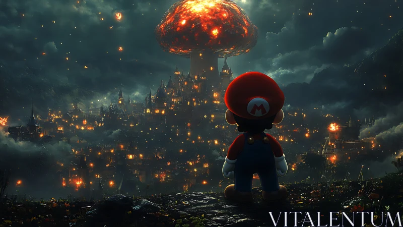 Video game character observing burning fantasy city skyline.