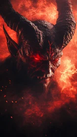 Horned demonic figure with burning red eyes in flames.