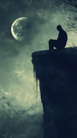 Moonlit cliffside daydream with a lone thoughtful figure.
