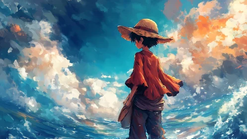 Sunlit young wanderer gazes out across a vivid painted sea