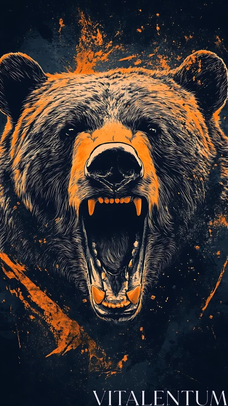 Roaring bear head illustration with orange splatter accents.