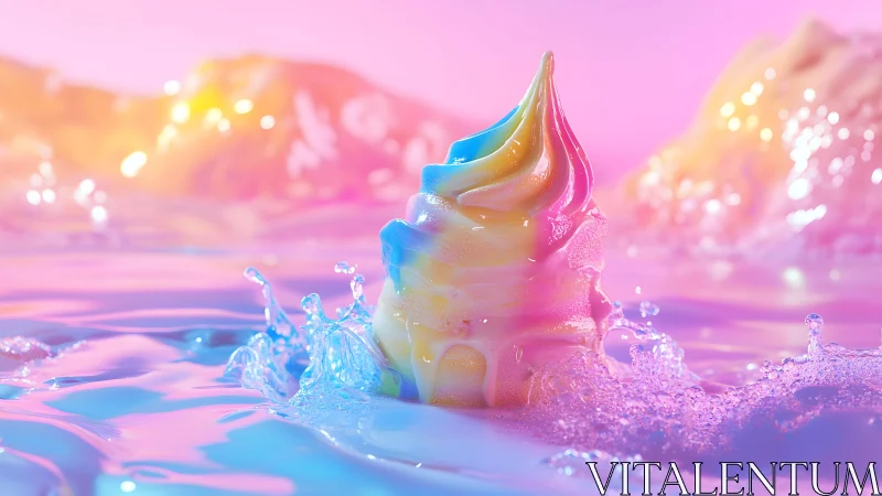 Pastel Swirl Ice Cream in Dreamy Water Splash, Surreal Art Style.