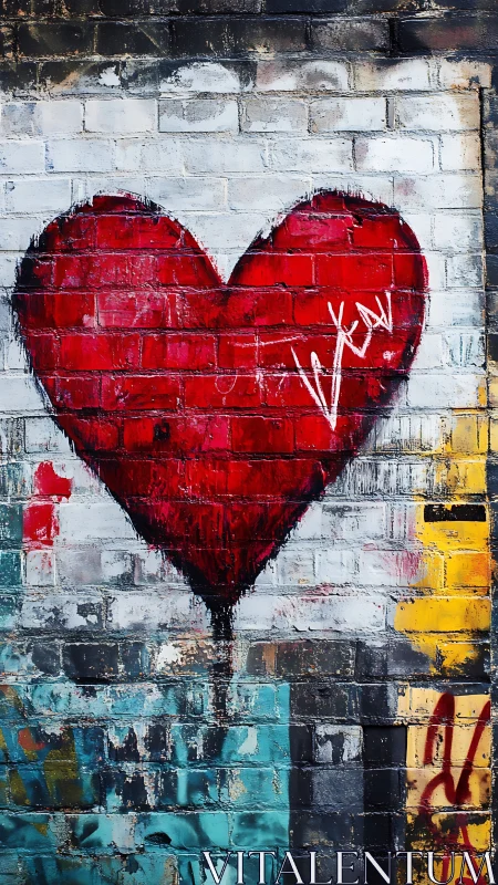 Crimson Heart on Weathered Brick: Street Art Expression.