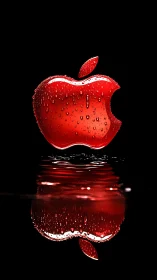 Photorealistic red apple emblem with reflective water surface.