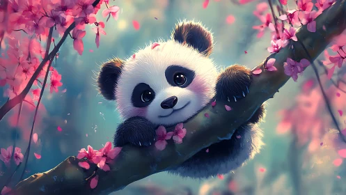 Cute panda cub on cherry blossom branch in dreamy forest.