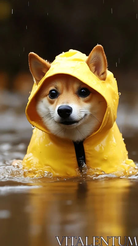 Small dog wearing yellow raincoat stands in shallow water