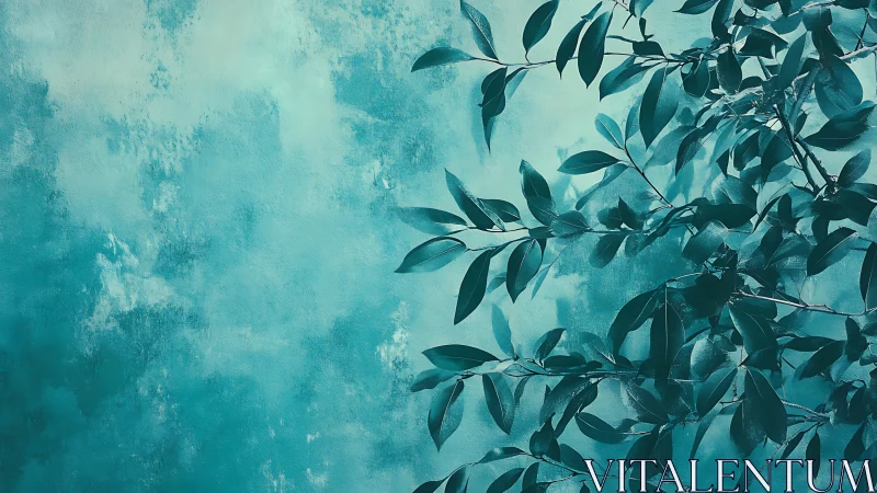 Minimalist leafy branch on textured teal background, modern style.