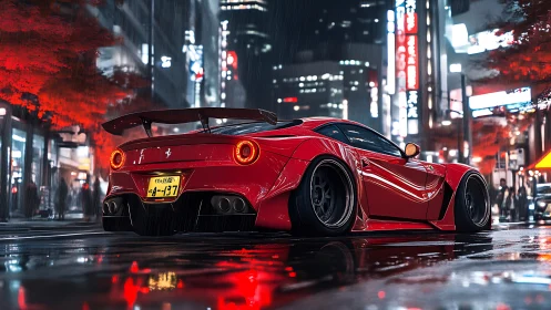 Widebody Ferrari in neon-soaked Tokyo rain, rear perspective.