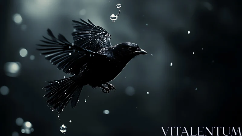 Black Bird in Flight Through Water Droplets.