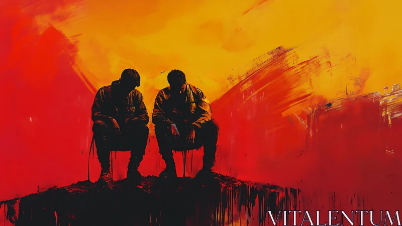 Silhouetted figures on ridge against abstract red yellow field.