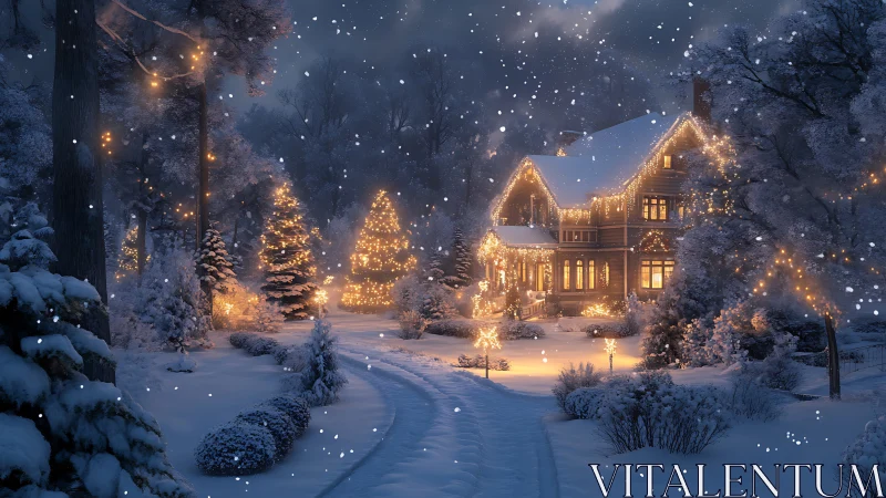 Snowfall serenade over a lantern-lit winter cottage retreat.