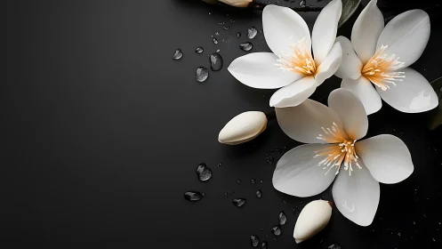 White Flowers with Golden Stamens on Dark Wet Surface.