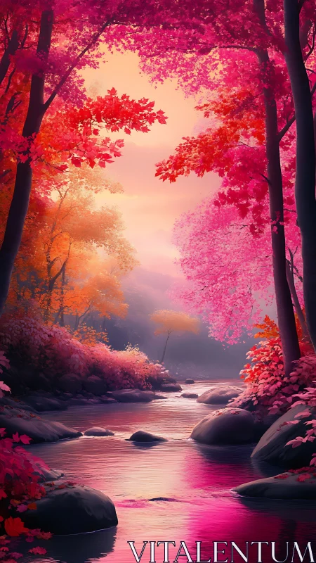 Dreamy pink forest river where twilight lingers softly.