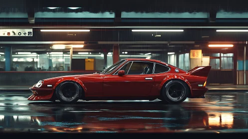 Retro red sports coupe in neon-lit rainy urban street scene.