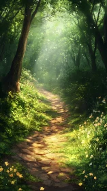 A serene forest path bathed in golden sunlight and nature's embrace