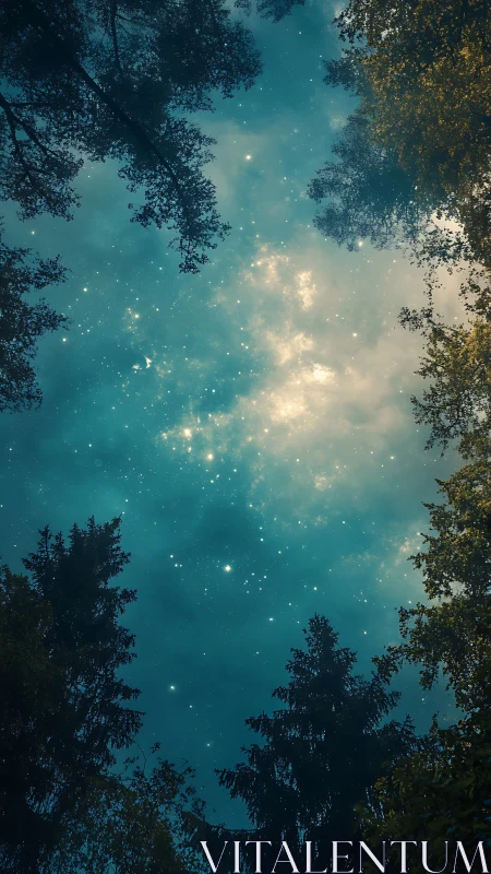 Starlit forest canopy framing a glowing teal galaxy sky.
