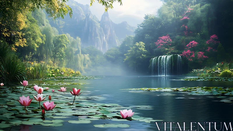 Serene mountain lake with lotus foreground and soft misted waterfall