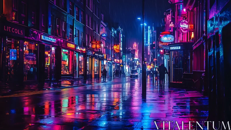 Neon rainstorm paints a midnight city street in liquid color.