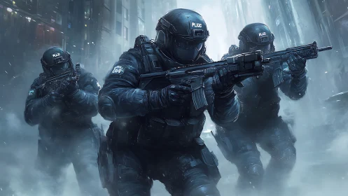 Armored police assault team advances through neon urban fog