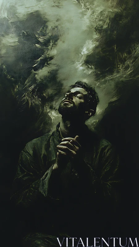 Solitary man in dark space with clasped hands, eyes raised.