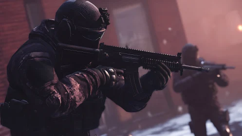 Tactical soldier aims assault rifle during urban operation