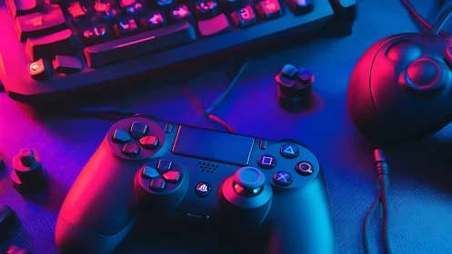 DualShock gamepad under neon key lighting defines gaming setup