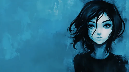 Quiet blue-haired girl with dreamy eyes in soft shadows.