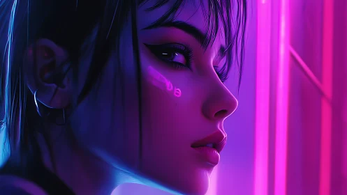 Neon-lit cyberpunk portrait uses strong rim lighting and bokeh glows