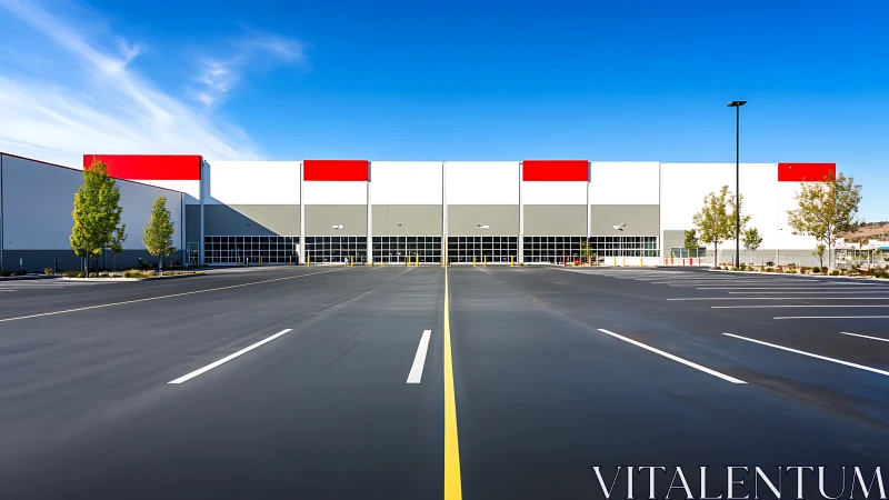 Industrial warehouse facade with empty asphalt parking field.
