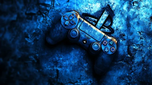 Weathered DualShock controller on textured blue stone surface