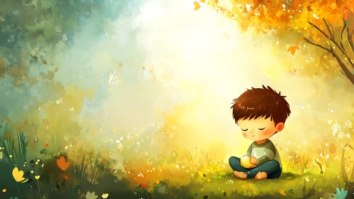 Luminous meadow meditation with child in diffuse autumn light.