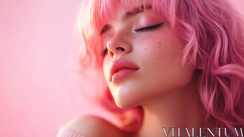 Close portrait of pink haired person with closed eyes.