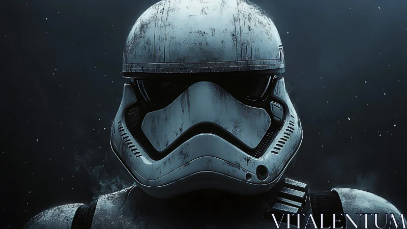 Armored sci fi soldier helmet glows against dark void