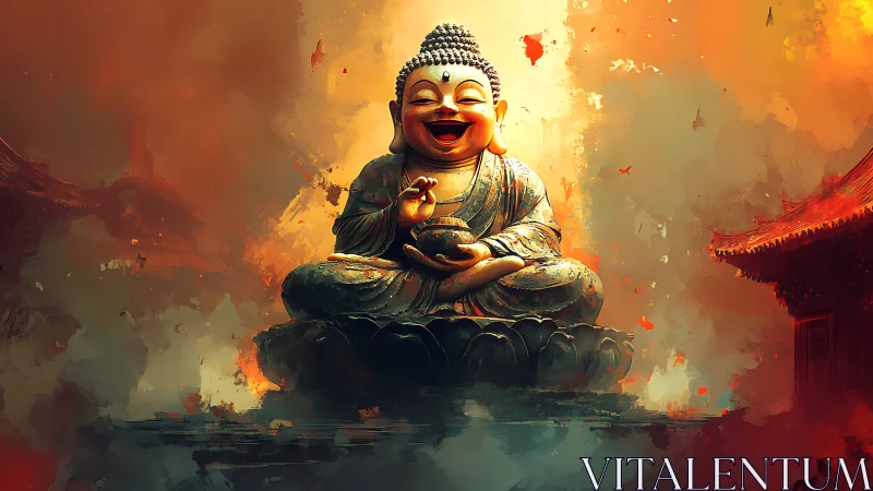 Laughing Buddha statue glows over fiery temple mist