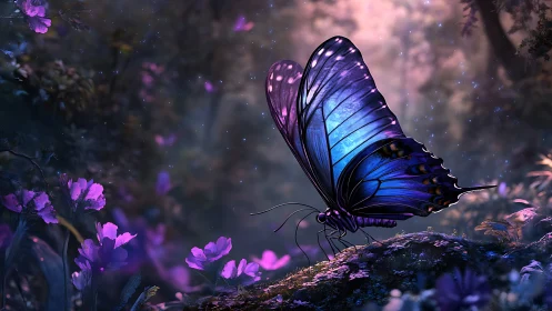 Gentle midnight butterfly resting in a glowing secret forest.