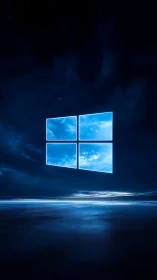 Glowing window emblem floats above reflective digital ocean horizon