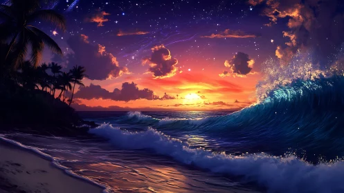 Vibrant cosmic sunset rolls over a tropical starlit shore