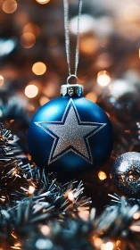 Blue star ornament amid silver tinsel and warm bokeh light.