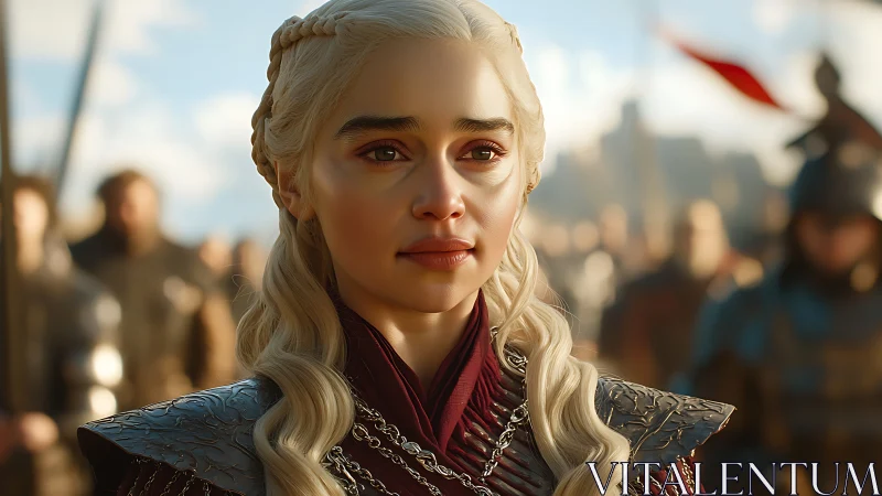 Silver haired queen stands in ornate armor before army.