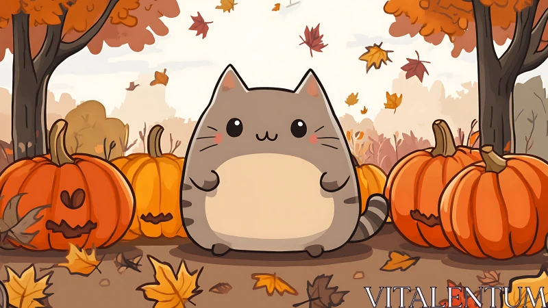 Chubby Cat in Autumn Pumpkin Patch Setting.