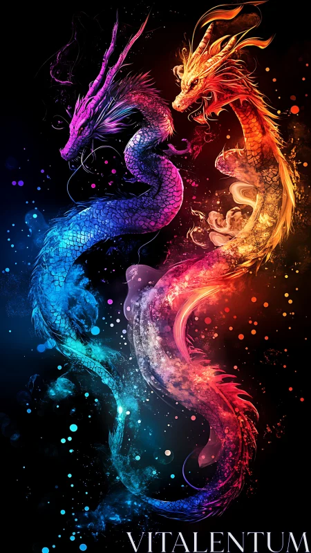 Twin elemental dragons swirling through cosmic color dance.