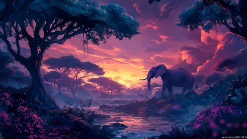 Twilight elephant wandering through neon dream jungle dusk.