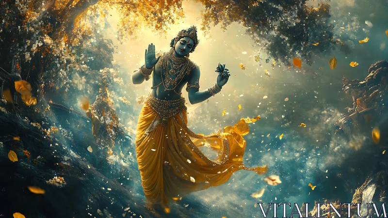 Golden robed deity dances gracefully in a glowing forest realm