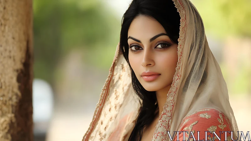 Portrait shows woman in embroidered scarf with soft focus background