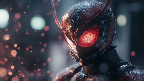 Armored insect-inspired sci-fi hero with glowing red eyes.