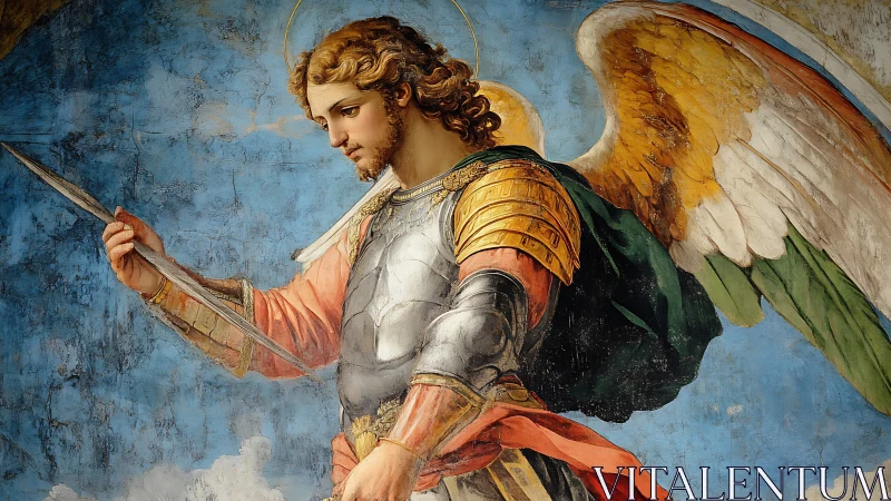 Winged armored figure holds spear against blue clouded sky