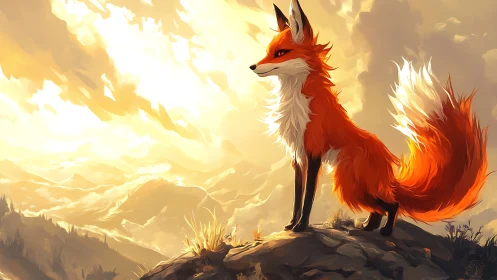 Luminous orange fox stands on rocky summit against radiant sky
